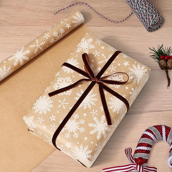 YANGTE Vintage Christmas Wrapping Paper Rolls, Brown Kraft Wrapping Paper Christmas Rolls with Red, Green and White Pattern, 4 Rolls Holiday Gift Wrapping Paper Rolls, 17in x 120in per Roll