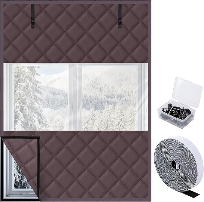 3 Layer 63 x 47 Inch Visible Winter Insulated Window Cover,Oxford Thermal Insulated Window Blanket with Fastener,Brownish Red Window Insulation Kit for Winterizing Keeping Home Warm