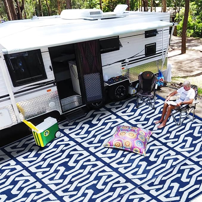SAND MINE Reversible Mats, Plastic Straw Rug, Modern Area Rug, Large Floor Mat and Rug for Outdoors, RV, Patio, Backyard, Deck, Picnic, Trailer, Beach, Camping, Dark Blue & White, 9' x 12'