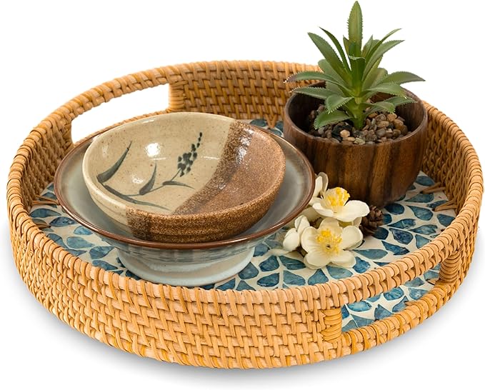 KOLWOVEN Round Rattan Tray with Handle, Rattan Serving Tray with Mother of Pearl Inlay Wooden Base, Decorative Wicker Basket for Table Decor (Blue Leaves)