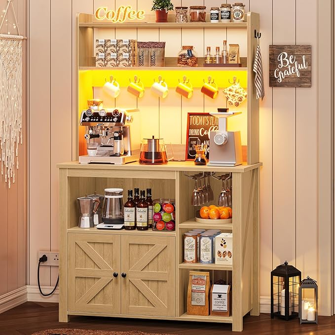 Itaar 35.4 inch Bakers Rack with Power Outlet and Storage, Farmhouse Coffee Bar Cabinet, Microwave Stand Kitchen Cabinet with Hutch, LED Lights, Wine Glass Holder and 8 Hooks, Oak