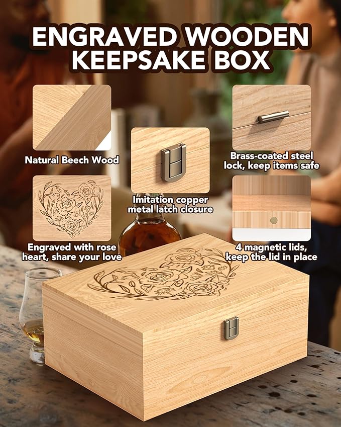 EXISTING Wooden Memory Keepsake Box, Floral Heart Engraved Keepsake Boxes with Lock, Art Box for Anniversary, Wedding, Memory, Birthday, Valentines Day for Keepsakes, Wood Box for Office or Home
