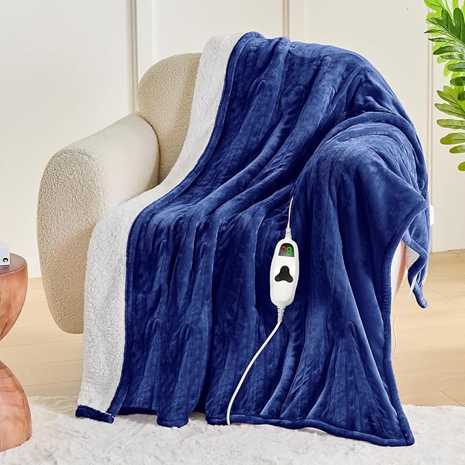 greenoak Heated Blanket Electric Twin 62"X84", Heating Blanket with 10 Heat Levels 1/2/4/6/8 Hours Auto-Off, Soft Flannel Sherpa Warm Heater Christmas Blanket, Sea Blue