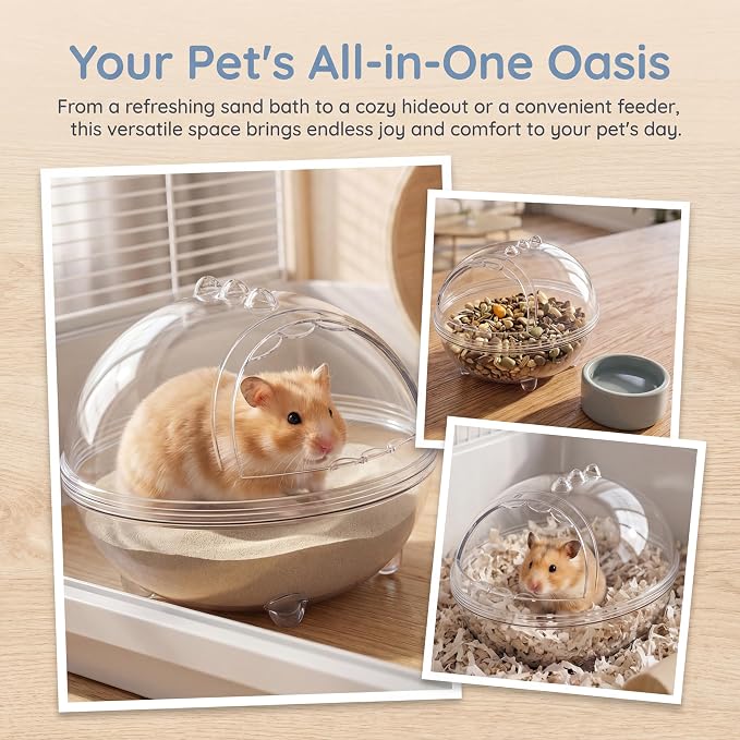 Clear Hamster Sand Bath, Dinosaur Sandbox Hideout with Scoop (M) | Anti-Scatter Sandbox, For Dwarf Hamsters Gerbils Mice, Hideout & Sand Bath Container