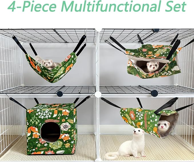 kathson 4 PCS Ferret Hammock Set,Washable Guinea Pig Hideout Bed,Soft Hamster Toys Hanging Tunnel Mats, Small Pets Cage Accessories for Rat, Sugar Glider, Squirrel(Green)
