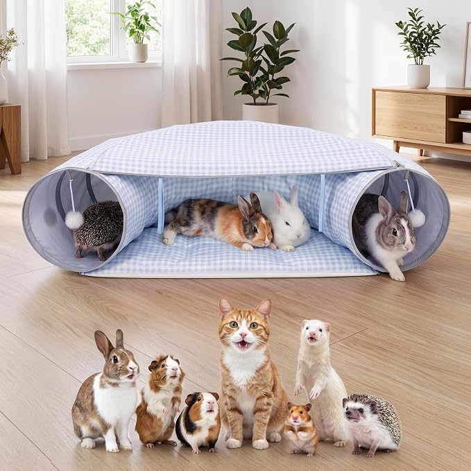 Bunny Tunnel Bed, 2-in-1 Collapsible Rabbit Guinea Pig Hideout, Blue | Removable Mat, Small Animal Tubes, Pet Rest Play Toy Indoor for Cats Kittens Rabbits Bunnies Ferret