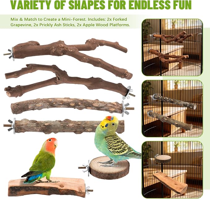 6 Pcs Natural Wood Bird Perch & Platform Set for Cage | Grapevine branches, prickly ash sticks & apple wood platforms; textured surface for foot health; easy wing-nut setup.