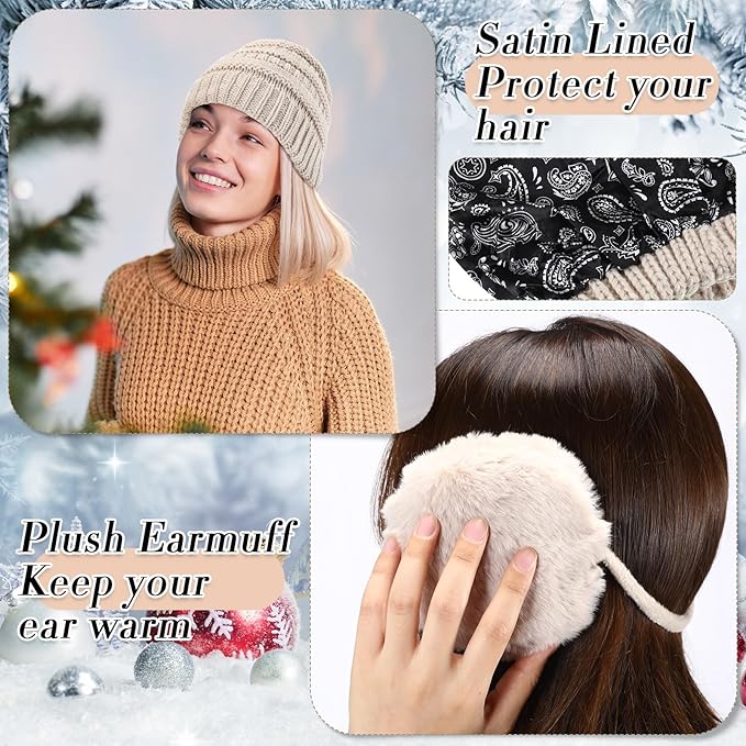 SATINIOR 5 Pcs Winter Satin Lined Hat Scarf Gloves Set Knit Pompom Beanie Warm Touchscreen Glove Earmuff Ear Warmer for Women