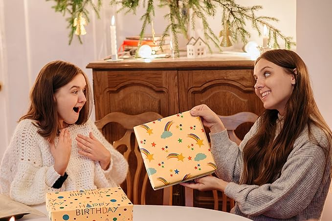 PlandRichW Birthday Wrapping Paper for Kids Girls Women Boys Men,12 Sheets Kraft Brown Recycled Gift Wrapping Paper 4 Styles of ''Happy Birthday'' Balloon Rainbow Stars Precut 20" X 29" Folded