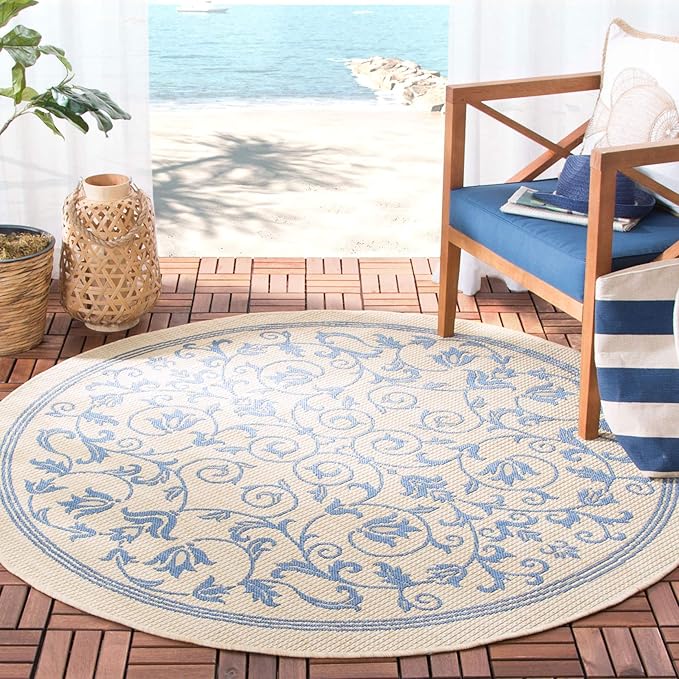 SAFAVIEH Washable Rug Outdoor Courtyard Collection - 7'10" Round, Natural & Blue, Non-Shedding & Easy Cleaning, Ideal for Patio, Backyard, Mudroom (CY2098-3101)
