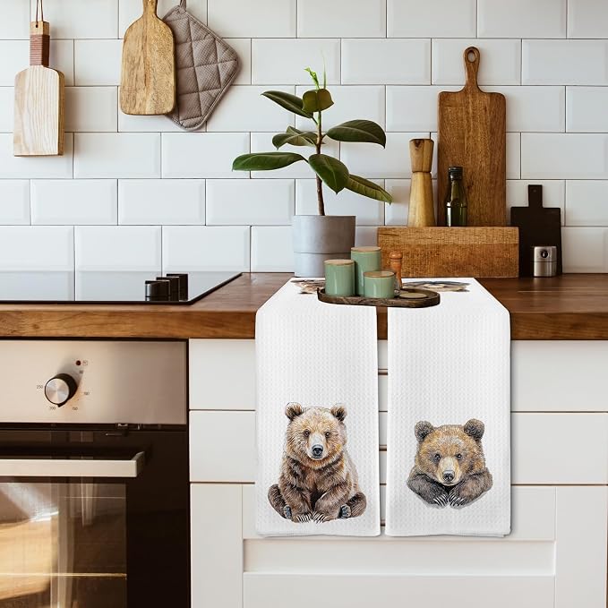Funny Bear Kitchen Towels and Dishcloths Sets of 2, Bear Decor Gifts, Woodsy Rustic Cabin Lodge Forest Mountain Nursery Camper Home Decor Dish Hand Tea Towels for Bathroom Kitchen, 16x24 Inch