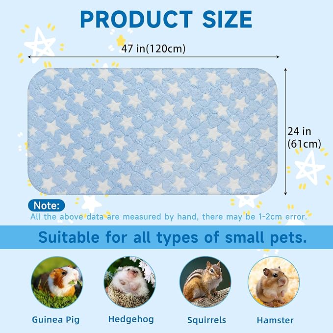 Homimp 2 Pack Guinea Pig Bed, Waterproof Reusable Small Animal Bed,Super Absorbent Pee Pad Mat for Rabbit Bunny Hamster Rat Hedgehog Chinchilla,Washable Fleece Cage Liners, Blue 24"x47"