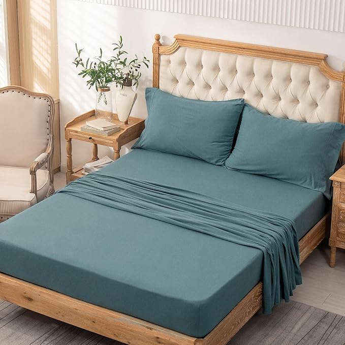 PURE ERA Jersey Knit 4pc Bed Sheet Set 100% T-Shirt Cotton Super Soft Comfy Breathable Fits Mattress Up to 20" Extra Deep Pocket (Solid Cerulean Blue,Full)