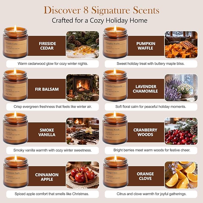 Holiday Candle Gift Set – 8 Pack Vintage Amber Glass Jar Candles,Winter Scents for Home,Christmas Gift for Women, Aromatherapy Soy Wax Candles,Cozy Home Décor,Premium Box