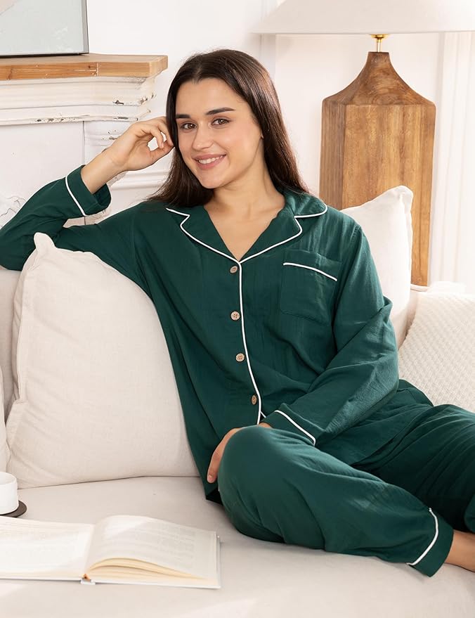 Womens Pajama Sets 100% Double Gauze Cotton Linen Like Muslin Pajamas Long Sleeve Button Down Sleepwear Soft Pjs Lounge Set