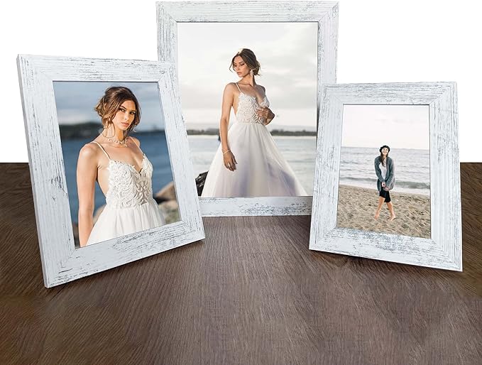 iRahmen 8x10 Picture Frame Set of 4, High Definition Glass Distressed White Frame, 8 x 10 Wood Photo Frames for Tabletop Display and Wall Mounting