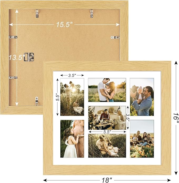 13.5x15.5 Picture Frame Display 7 opening 4X6 Picture Frame Collage,Multi Photo Frame with Mat,Plexiglass,Wall or Tabletop Decor,Natural Wood Grain