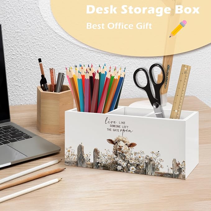 Rustic Sheep Pen Holder Organizer, Farmhouse Sheep Gifts for Women Desk Decor, Live Like Someone Left the Gate Open Wooden Pen Pencil Holders for Vintage Desk Accessories