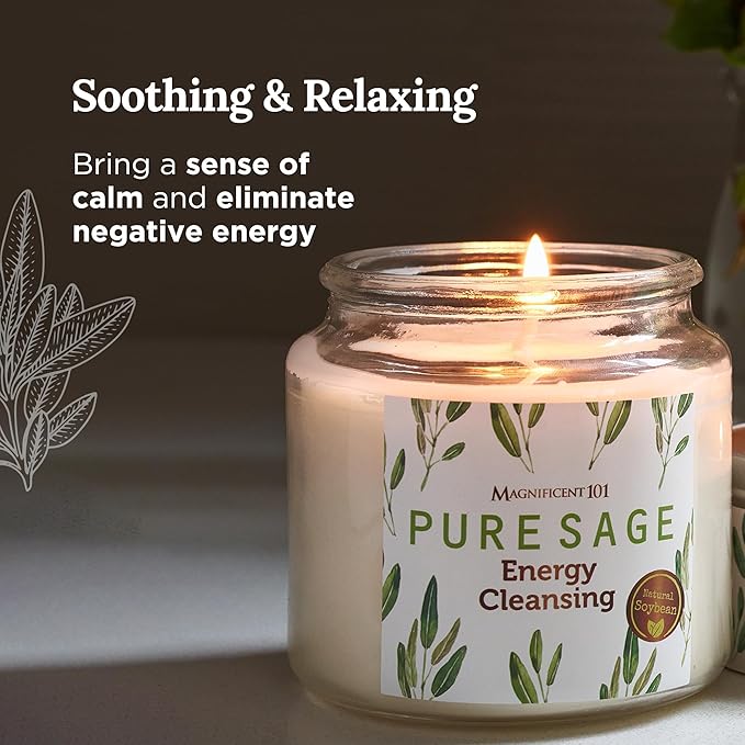 Magnificent 101 Pure Sage Energy Cleansing Aromatherapy Glass Candle for Meditation, Manifestation, and Intention-Setting - 14.5 oz with Lid, Natural Soy Wax and Essential Oil | 56-Hour Burn Time