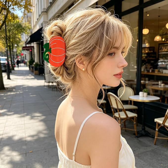 Cute Pumpkin Hair Clips for Women Fall Hair Claw Clips Vegetable Jaw Clips | Orange Pumpkin Hair Clamp with Lines Leaf Thanksgiving Day Hair Barrettes Autumn Winter Daily Holiday Hairstyle Accessory