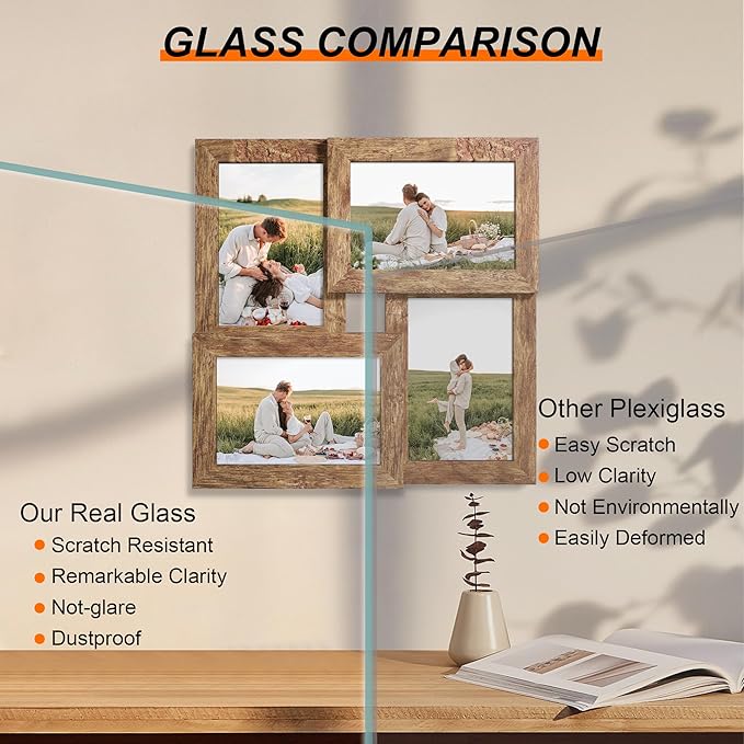 4x6 Collage Picture Frames Set of 1, Multi Family Photo Frame with Real Glass, Displays Four 4x6 Photo, Wall Decor Wall Hanging or Tabletop, Distressed Brown