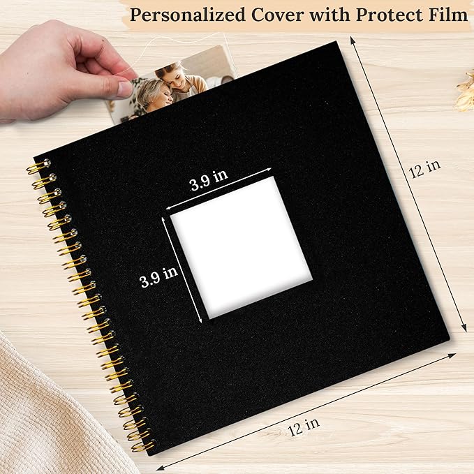 Scrapbook Photo Album Linen Cover, 12 x 12 Inch Hardcover Kraft White Pages Memory Book, for Travel Wedding Guest Book Christmas Baby Shower (40 Sheets/ 80 Pages,Black)