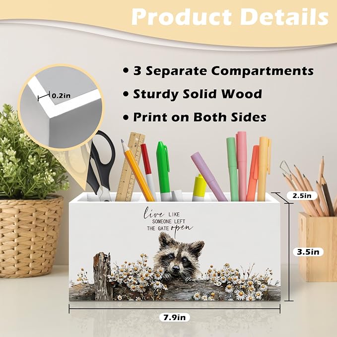 Rustic Raccoon Pen Holder Organizer, Farmhouse Raccoon Gifts for Women Men Desk Decor, Live Like Someone Left the Gate Open Wooden Pen Pencil Holders for Vintage Desk Accessories