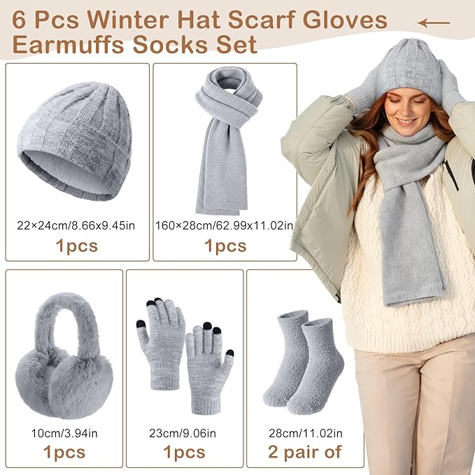 Geyoga 6 Pcs Winter Knit Set Beanie Hat Long Scarf Touchscreen Gloves Ear Muff Socks Warm Valentine Gift for Women Men Snow(Grey,Chic Style)
