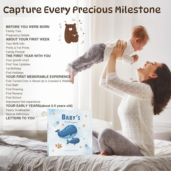 Baby Memory Book Keepsake for Boy and Girl Gifts Timeless First 5 Year Milestone Book to Record Every Event from Birth to Age 5 Gender Neutral Baby Journal Scrapbook Album
