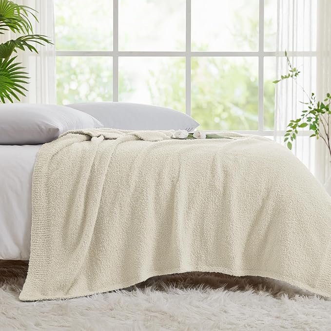 CYMULA Super Soft Knit Throw Blanket Throw Size Beige - Lightweight Plush Fuzzy Fluffy Warm Cozy Blankets and Throws for Sofa Bed All Season Use, 50x60 inches