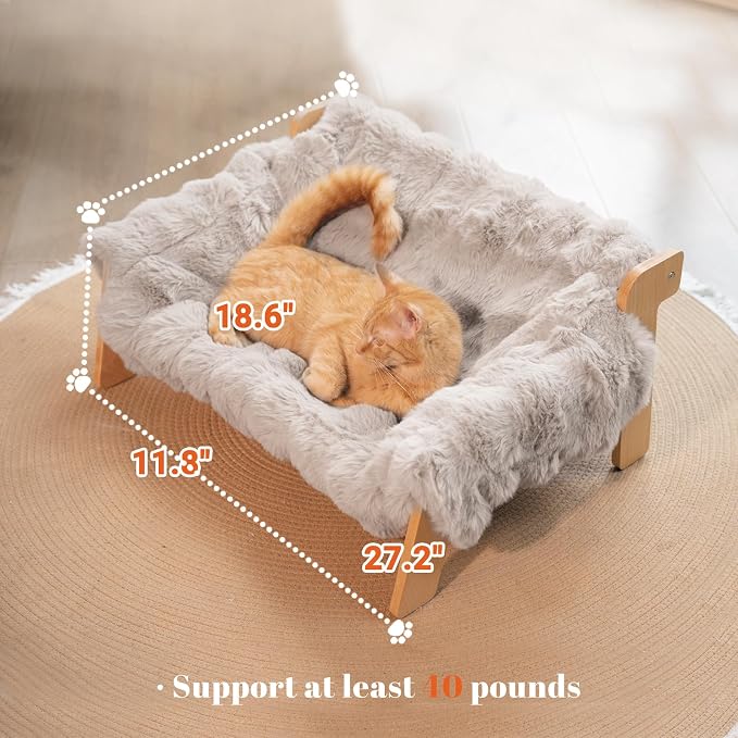 CHEERHOME PETS Elevated Cat Couch Bed Wooden Raised Kitty Sofa Lounge Chair | Washable Fluffy Cover Wooden Elevated Pet Furniture for Indoor Cats and Puppy(Gray)