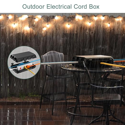 Outdoor Electrical Box(9.05x6.61x2.67inch), IP54 Waterproof Extension Cord Cover 9 Cable Entry Ports Connection Hider Box Safety Protector, Protect Plug, Holiday Light, Timer,and Power Strip, Black