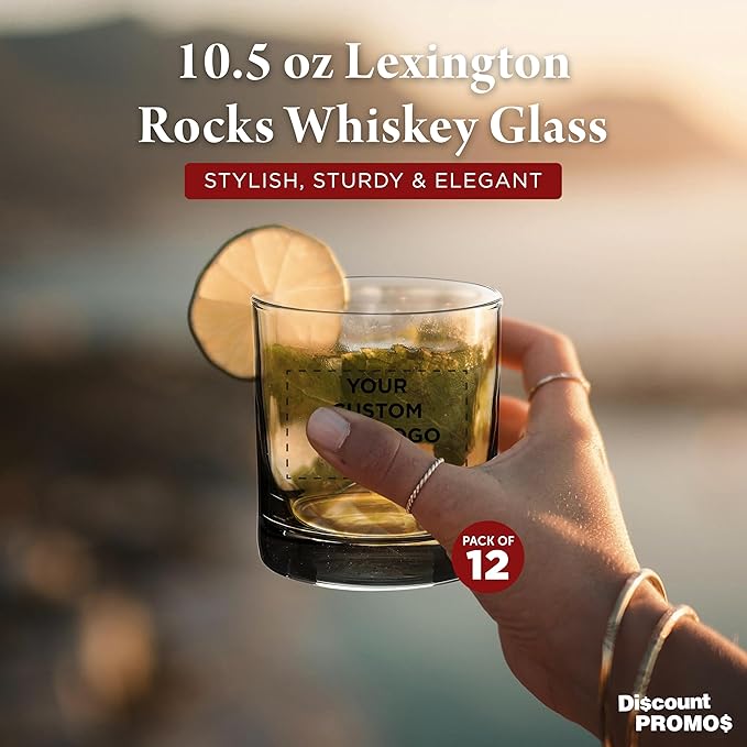 Custom Lexington Rocks Whiskey Glass 10.5 oz, Set of 12, Personalized Bulk Pack - Perfect for Scotch, Bourbon, Whiskey, Cocktail - Black