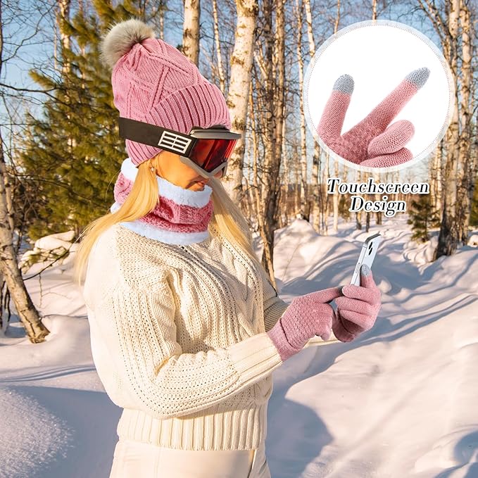 SATINIOR 5 Pcs Winter Hat Scarf Gloves Set Fleece Warm Lined Knit Beanie Hat Touch Screen Earmuff Gloves Warmer for Women(Pink,Stylish Style)