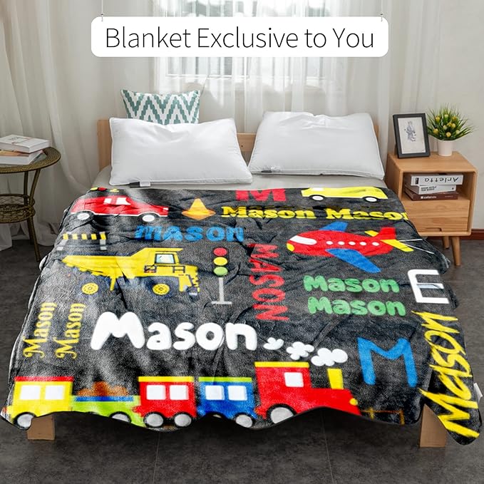 Custom Blanket with Name for Boys, Personalized Name Blanket City Transport, Soft Flannel Blankets Customized Gift for Children Day Birthday Christmas-40 x50