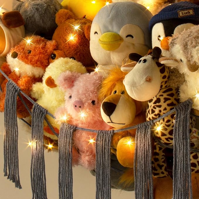 RelaxScene Stuffed Animal Hammock Corner Storage with LED Light - Pluish Hammock Large Plushie Net - Stuffed Animal Holder Hanging Organizer - Teddy Bear Hammocks Room Decorations