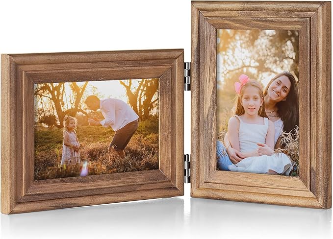 4x6 Double Hinged Picture Frame Folding Photo Frame Horizontal and Vertical in Distressed Farmhouse Wood Grain Pine Wood with Real Glass for Tabletop X2-MU-HS46