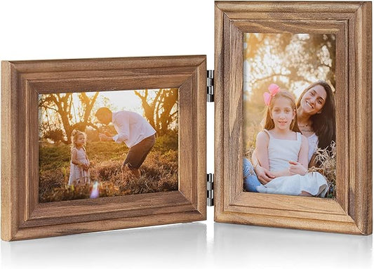 4x6 Double Hinged Picture Frame Folding Photo Frame Horizontal and Vertical in Distressed Farmhouse Wood Grain Pine Wood with Real Glass for Tabletop X2-MU-HS46