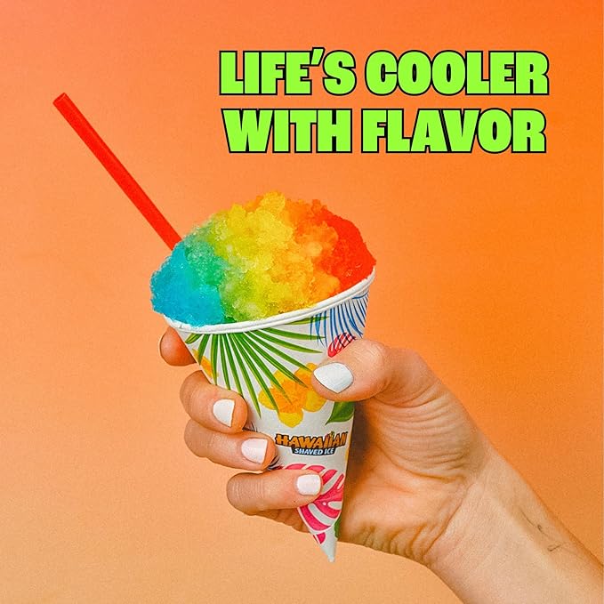 Hawaiian Shaved Ice Machine Kit - 3 Flavors, 25 Cups, Straws, Pourers, Ice Molds