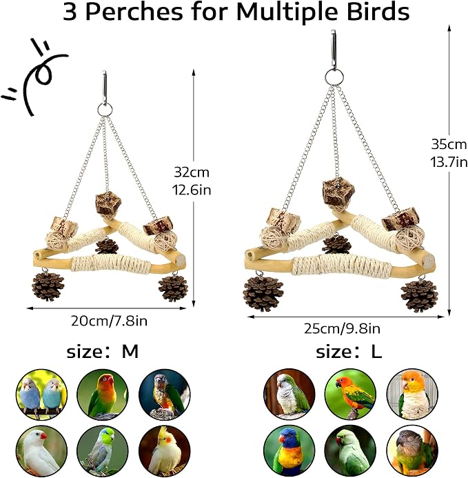 Bird Swing for Cage with Chew Toys, 3 Stable Sisal-Wrapped Perches(L) | Large Stable Triangle Design Perch Swing, Wooden Hanging Quaker Toy for Medium-Sized Bird Ring-Necked Caique Balance Training