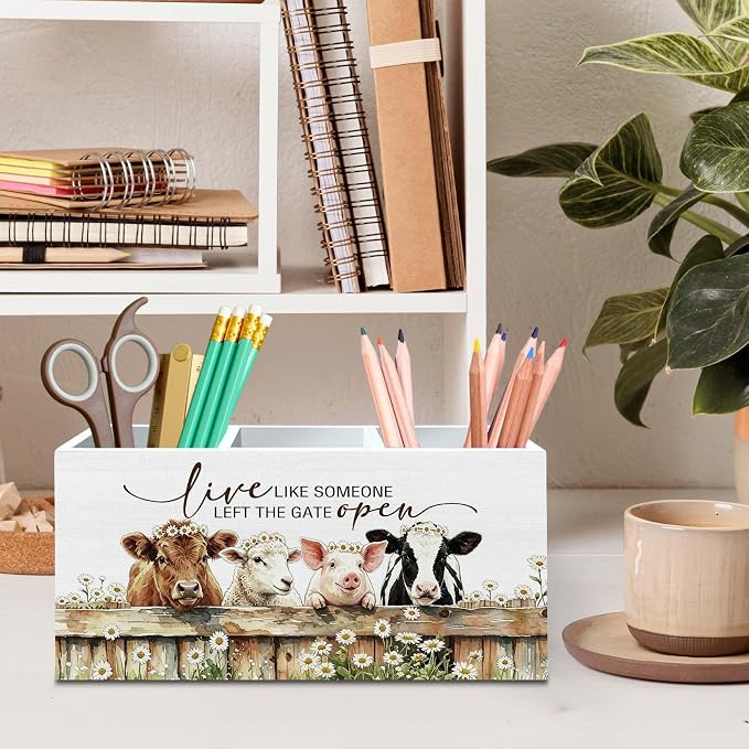 DILSJ Cute Highland Cow Sheep Pen Pencil Holder Organizer for Desk, Highland Cow Gifts, Live Like Someone Left The Gate animals Open Wooden Box Signs for Home Office & School Supplies