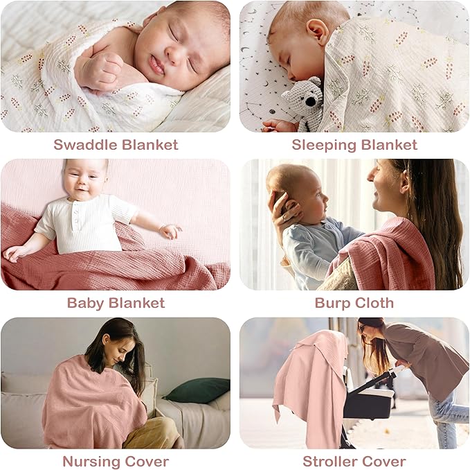 Organic Cotton Muslin Baby Blanket 3 Pack - 38x40 Inch Breathable Swaddle, Hypoallergenic Double-Layer, Versatile Use (Pink, Floral, Rust, 38x40 Inch)