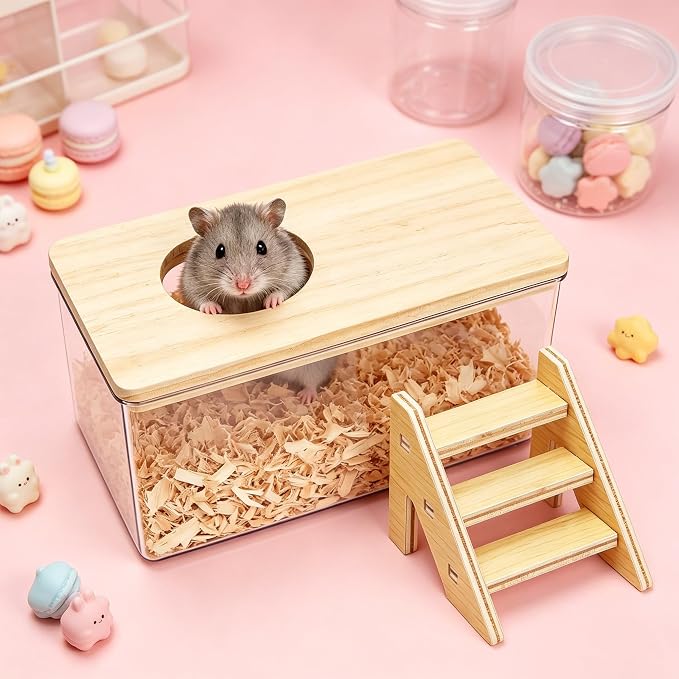 Hamster Sand Bath Box with Wood Cover and Ladder - Rectangle Clear Digging Container - Multifunctional Bathroom for Small Animals for Home and offic