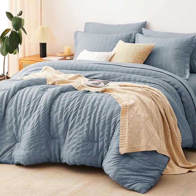 CozyLux Grayish Blue Full Size Comforter Sets with Sheets 7 Pieces, Dusty Blue Seersucker Bed in a Bag Textured Luxury Soft Bedding Set with Down Alternative Comforter, Sheets, Pillowcases & Shams