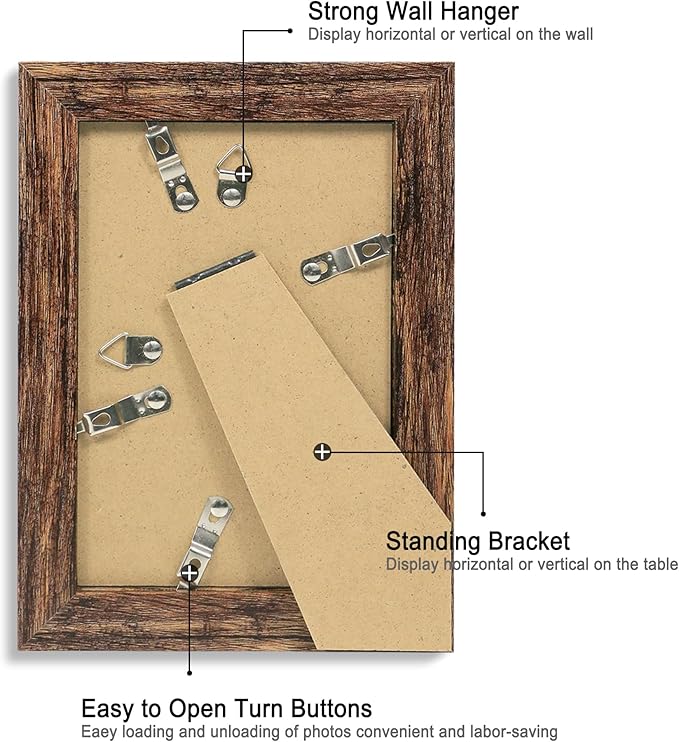iRahmen 4x6 Picture Frame Set of 4, High Definition Glass Brown Frame, 4 x 6 Wood Rustic Photo Frames for Horizontal or Vertical Display Tabletop and Wall Mounting