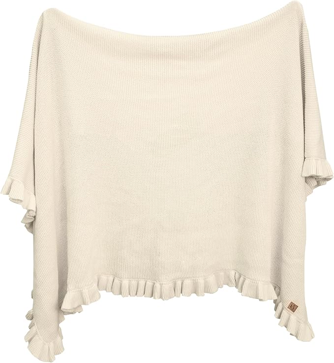 Ruffle Knit Blanket for Baby - 100% Luxury Soft Cotton Knit Warm Cozy Cuddle Stroller Crib Blanket for Newborns, Infants, & Toddlers (Beige)