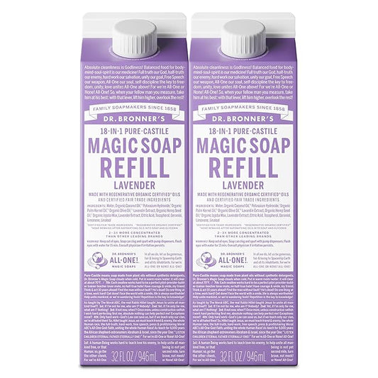 Dr. Bronner's Magic Soap-Pure-Castile Liquid Refill (Lavender, 32 ounce, 2-Pack) - Made with Regenerative Organic Certified Oils, For Body, Hair, Laundry, Pets & Dishes, Concentrated, Vegan, Non-GMO