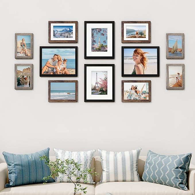 Vittanly 12 Pack Picture Frames Collage Wall Decor for Mounting or Tabletop Display, Gallery Wall Frame Set for Family, Multi Sizes Including 4pcs 8x10, 4pcs 5x7, 4pcs 4x6, Black, Brown and Dark Grey