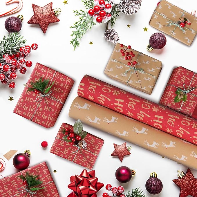 AhfuLife 2 Rolls Christmas Wrapping Paper - 17 Inch × 49.2 Feet Per Roll, Recyclable Red Brown Kraft Xmas Wrapping Paper Roll for Kids Christmas Gift Box Birthday Party Decoration -138 sq. ft. ttl