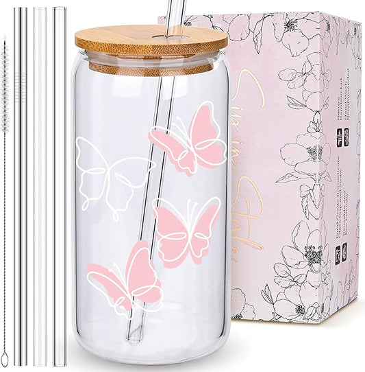 BIPEDS Butterfly Gifts for Women, Pink Cute Glass Cups with Lids and Straws, Aesthetic Iced Coffee Cup, Girly Preppy Design Tumbler Mug, Birthday Valentines Christmas, Teen Girl Gifts Trendy Stuff